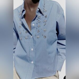NWT Zara Poplin Blue White Pinstripe Embellished Rhinestone Button Collar Top XS